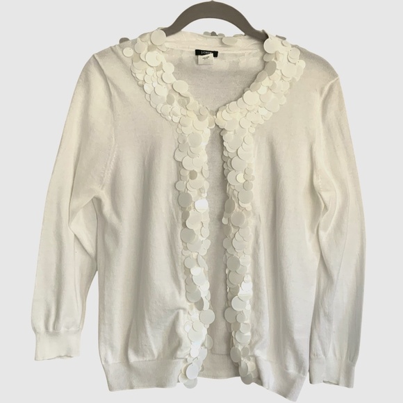 J Crew Classic White Lightweight Cotton Cardigan Paillette Sequin SZ M - Picture 1 of 11